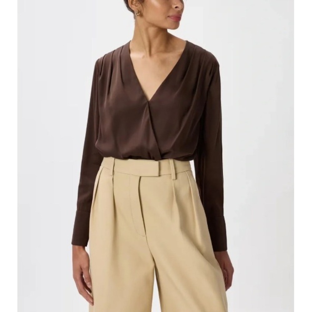 Quince Brown Silk Stretchโ Wrap Long Sleeve Bodysuit Women Medium NWT Business